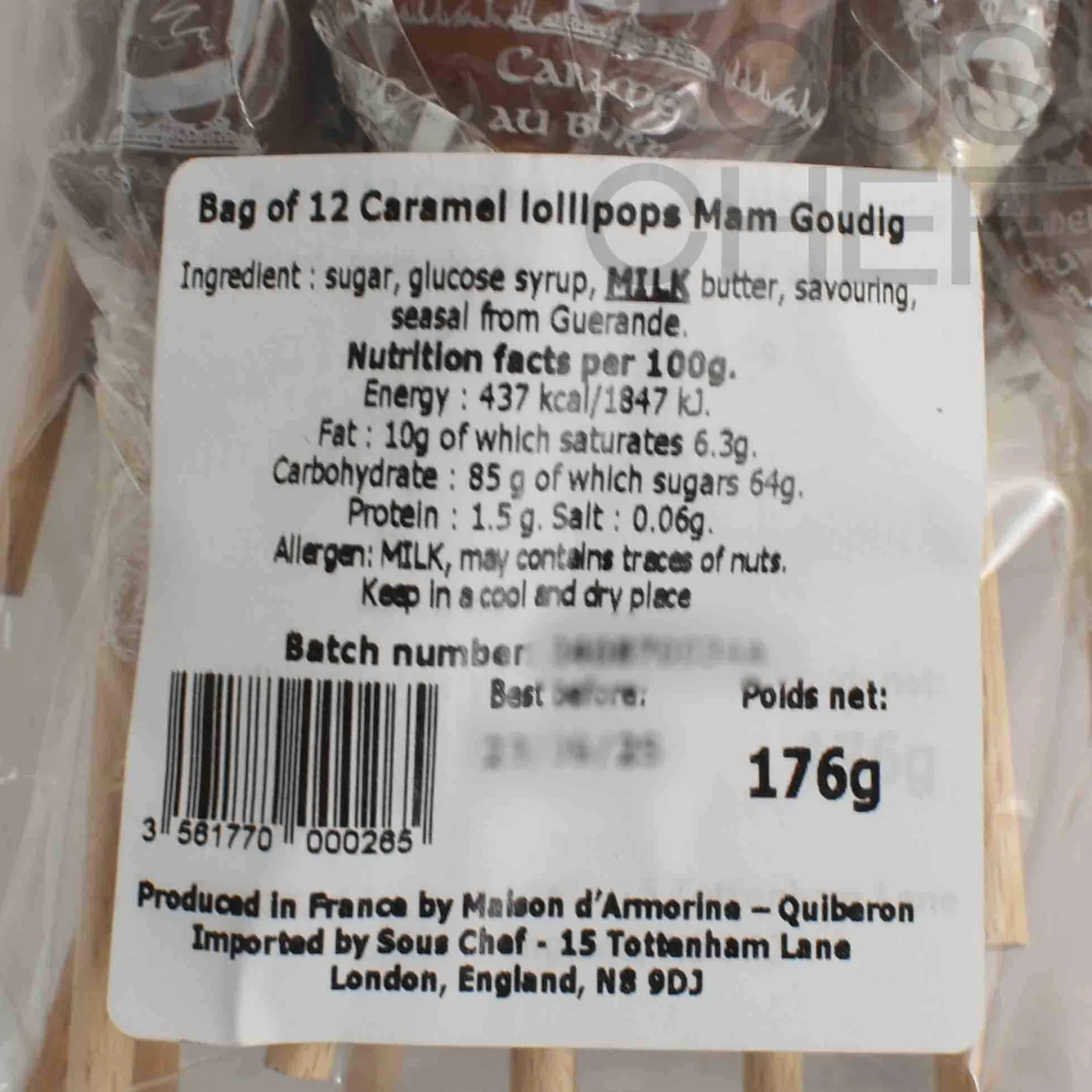 Bag of 12 French Salted Butter Caramel Lollipops, 176g