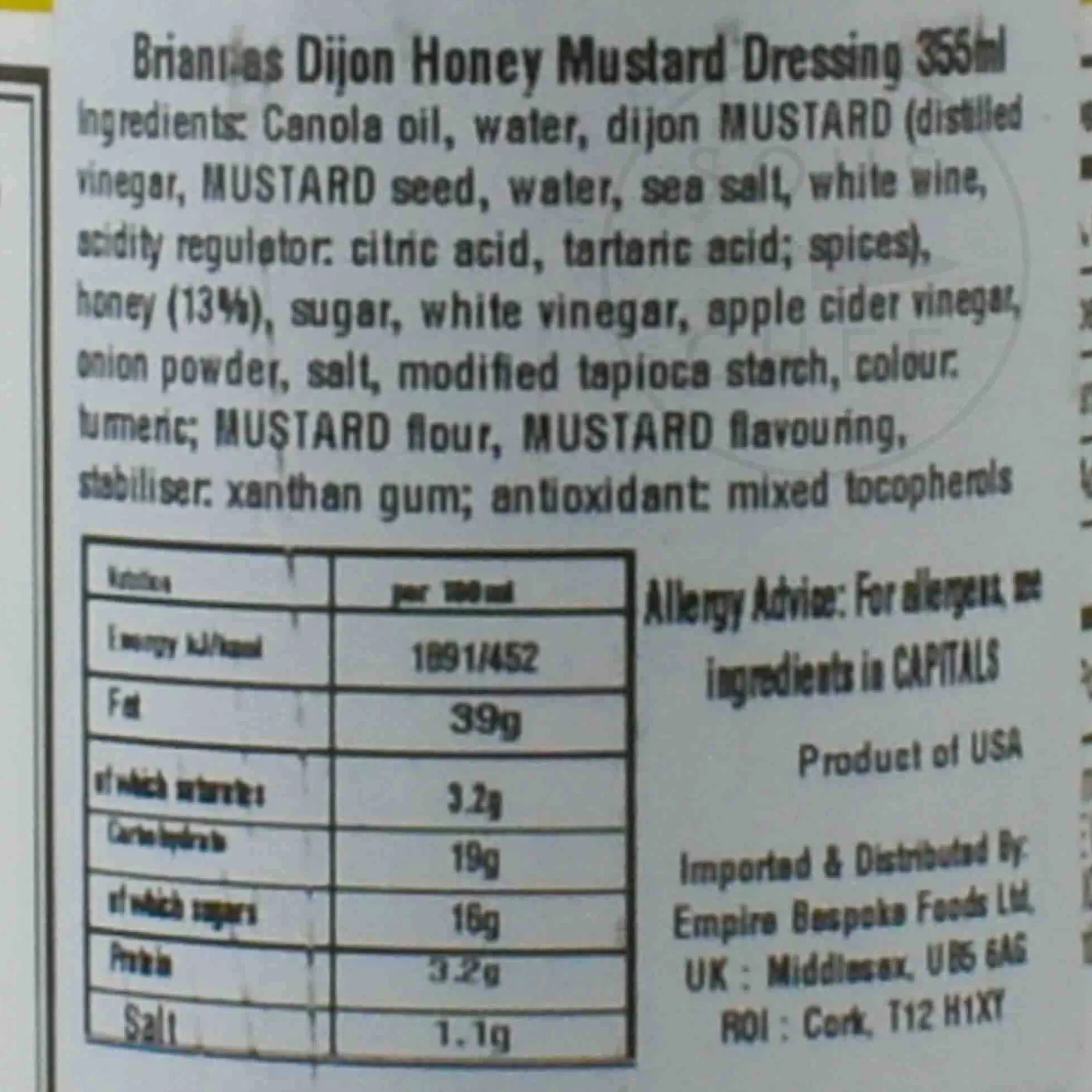 Briannas Dijon Honey Mustard Dressing, 355ml