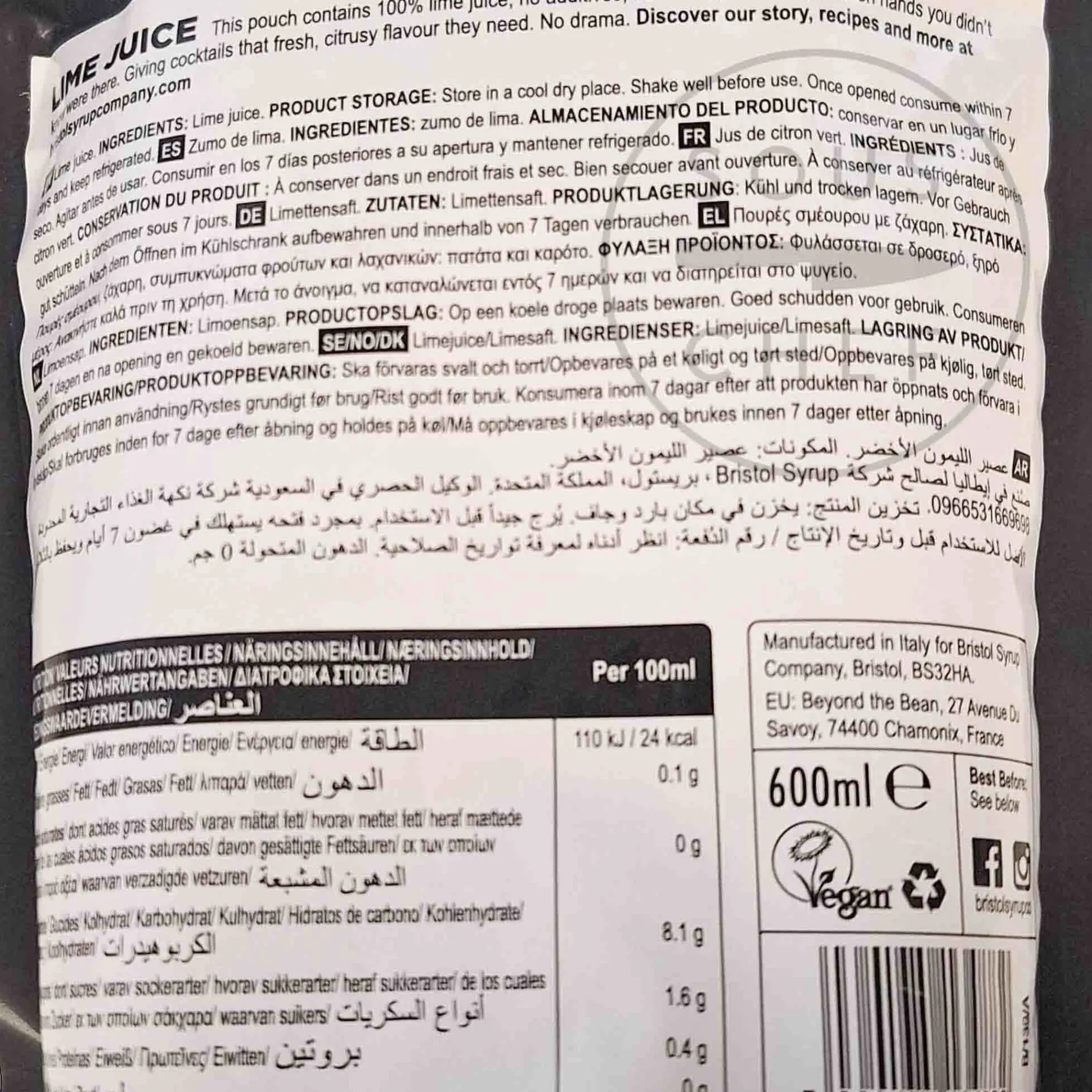 Bristol Syrup Co Lime Juice, 600ml