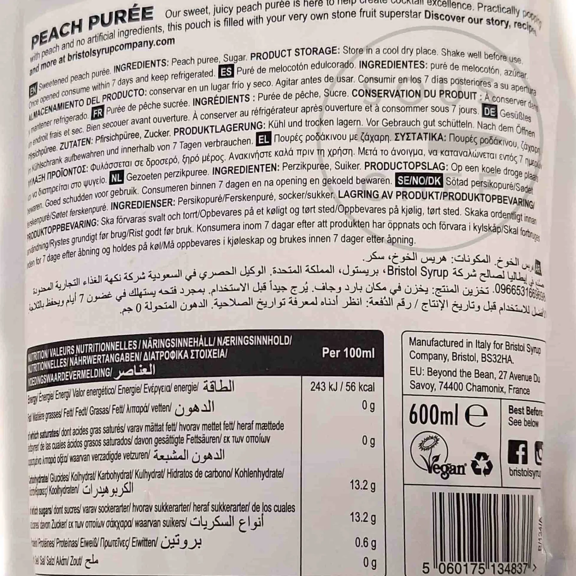 Bristol Syrup Co Peach Puree, 600ml