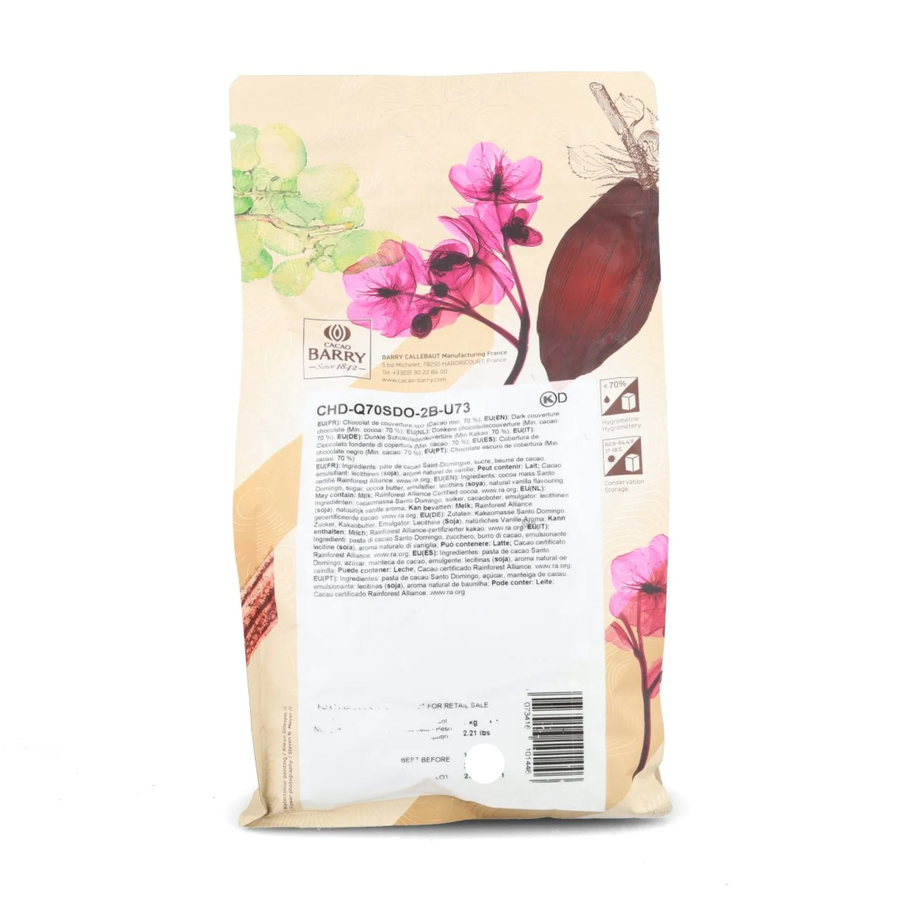 Cacao Barry Origin Saint Domingue 70% Dark Chocolate Chips, 1kg