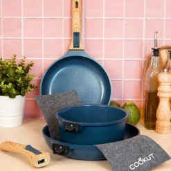 Cookut Lightweight Non-Stick 3 Piece Cookware Set with Detachable Handles, Blue, BPA-Free