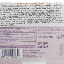 Drinking Chocolate Bar with 60% Cocoa & Bourbon Vanilla, 200g