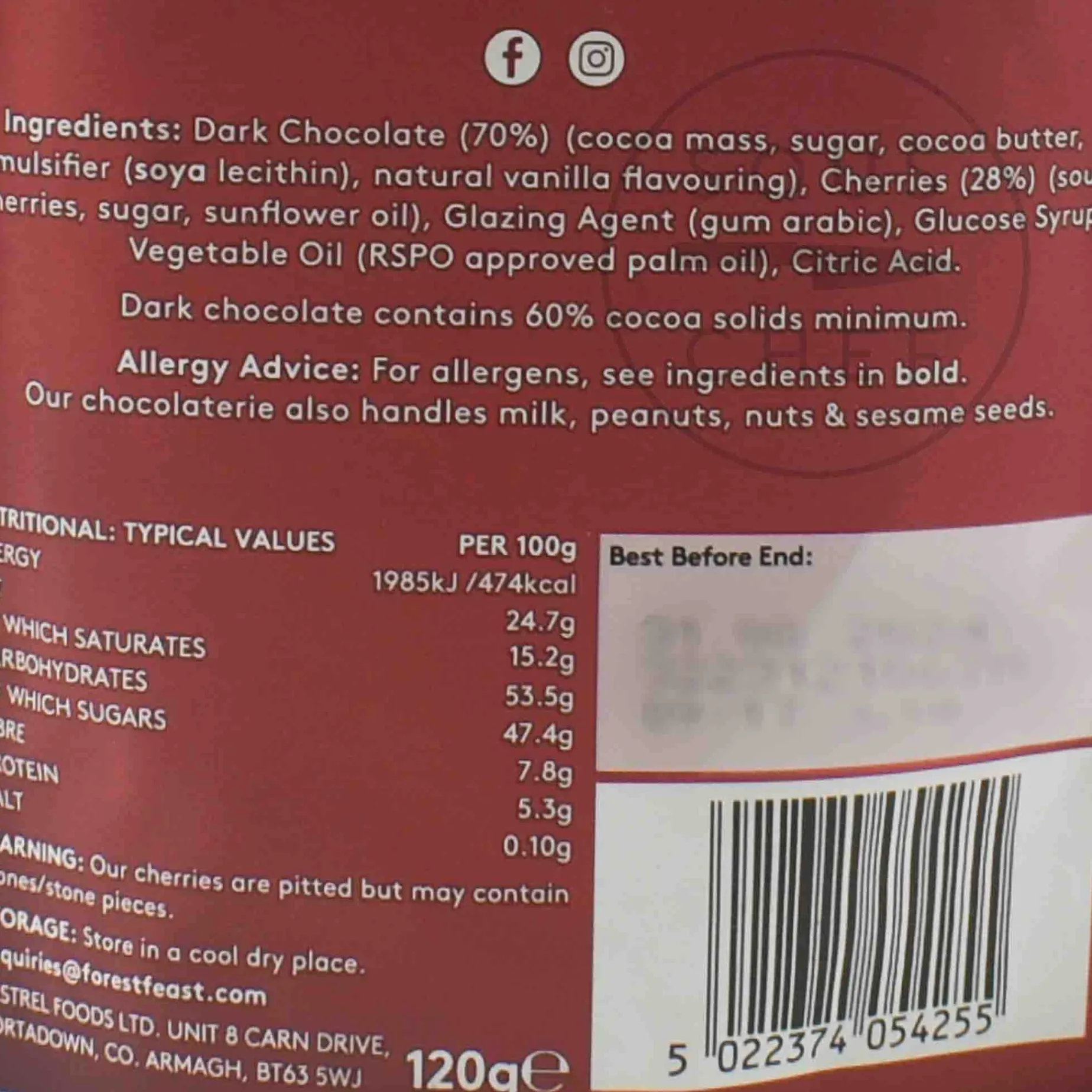 Forest Feast Dark Chocolate Sour Cherries, 120g