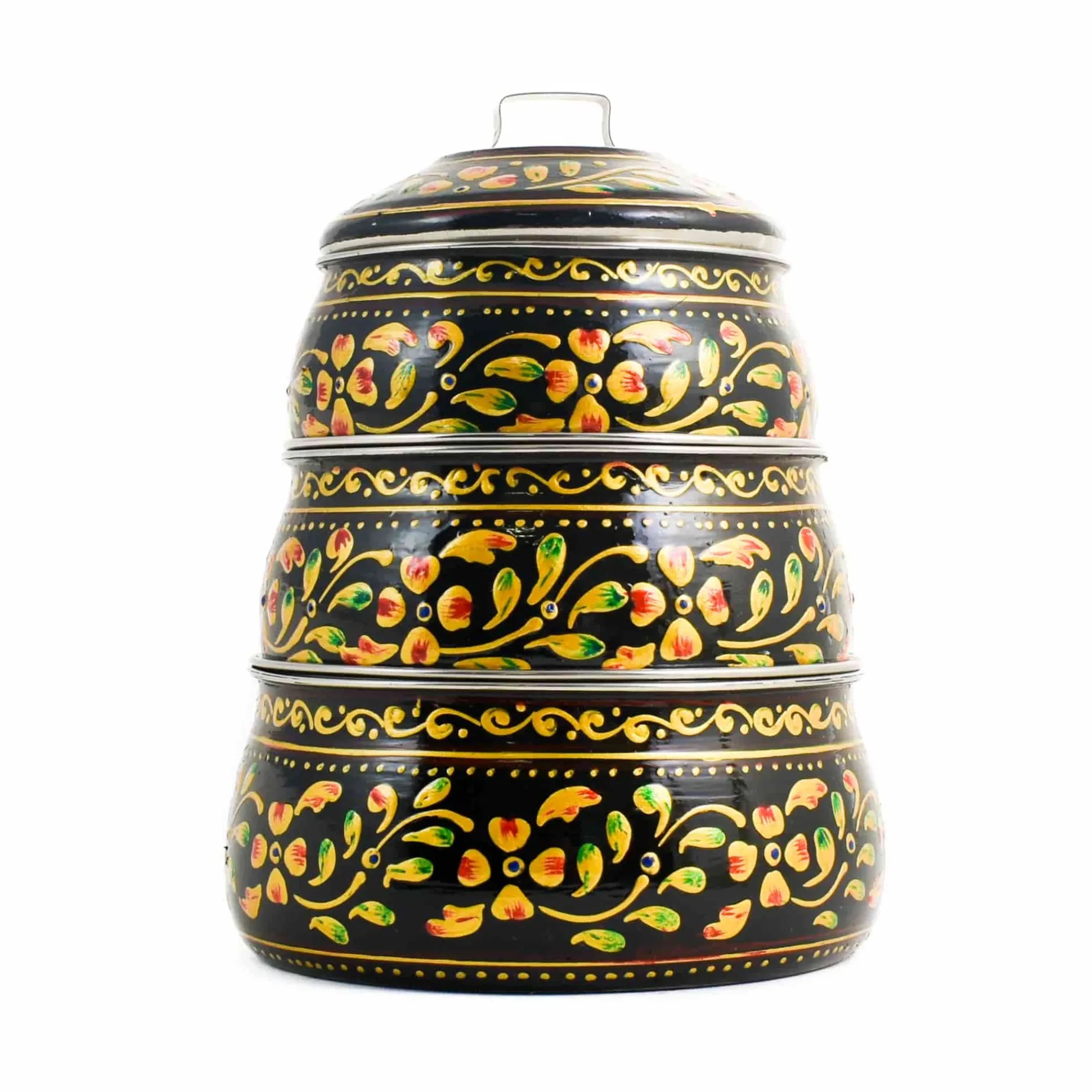 Hand Painted Three Tier Black Tiffin Tin, 1.5 Litre