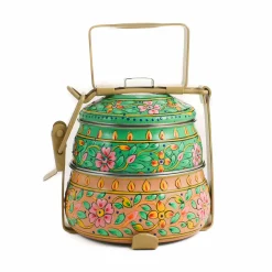 Hand Painted Two Tier Pink & Green Tiffin Tin, 750ml