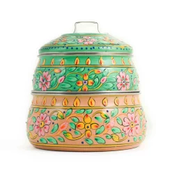 Hand Painted Two Tier Pink & Green Tiffin Tin, 750ml