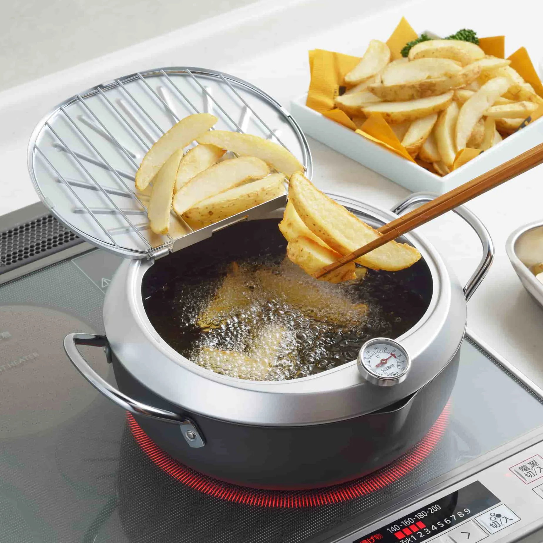 Japanese Tempura Frying Pot with Temperature Probe & Drip Rack