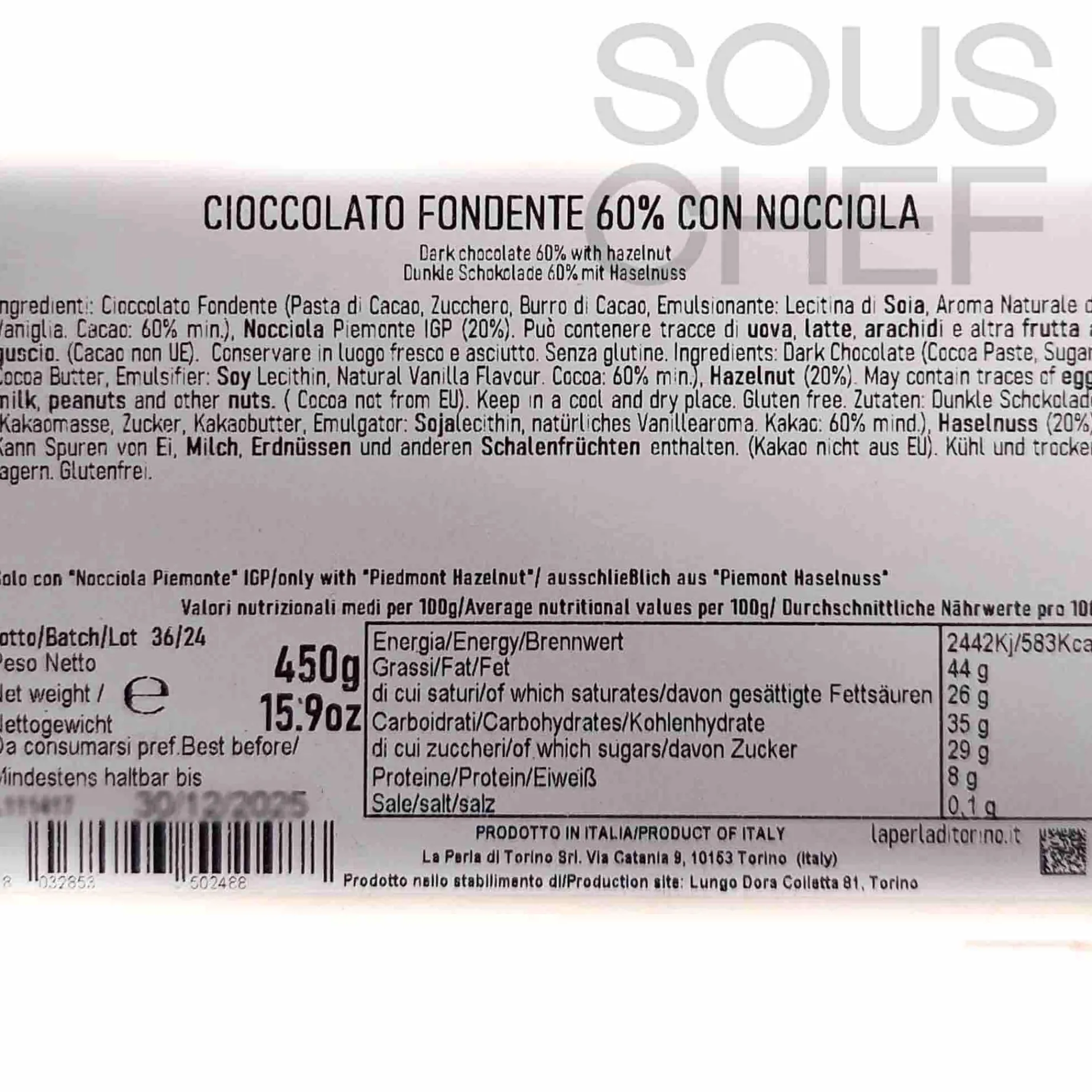La Perla di Torino 60% Dark Chocolate Slab with Whole Roasted Hazelnuts, 450g