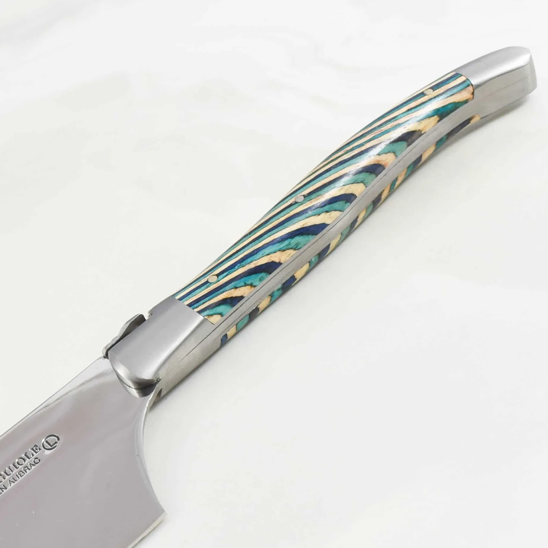 Laguiole en Aubrac Turquoise Hard Cheese Knife, Striped Wood