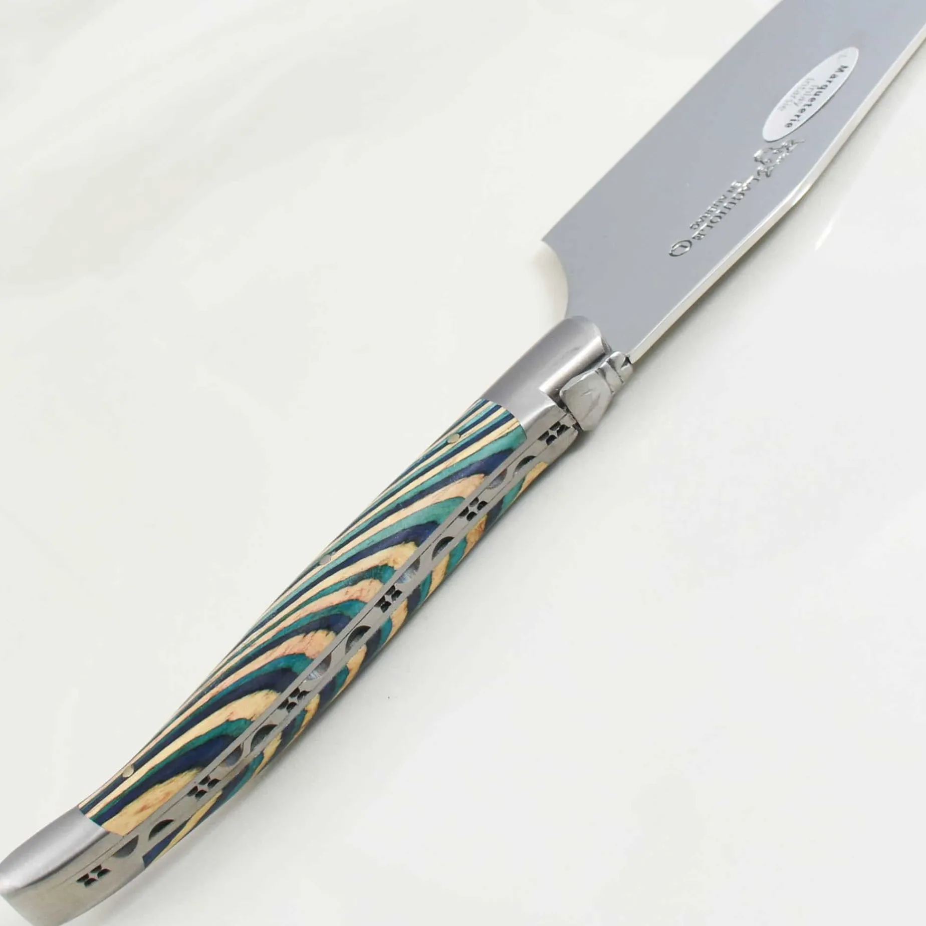 Laguiole en Aubrac Turquoise Hard Cheese Knife, Striped Wood