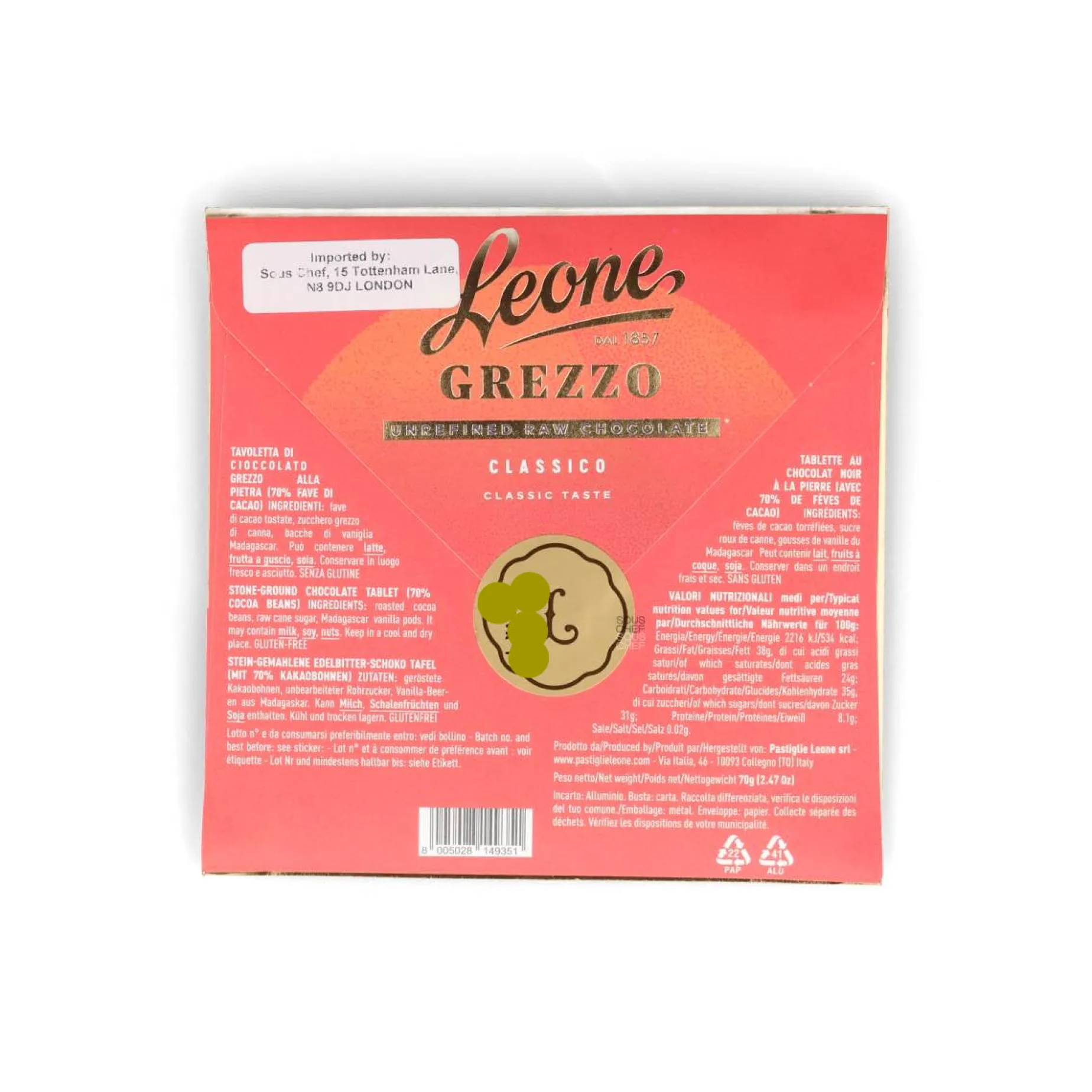 Leone Raw Unrefined 70% Dark Chocolate Bar, 70g