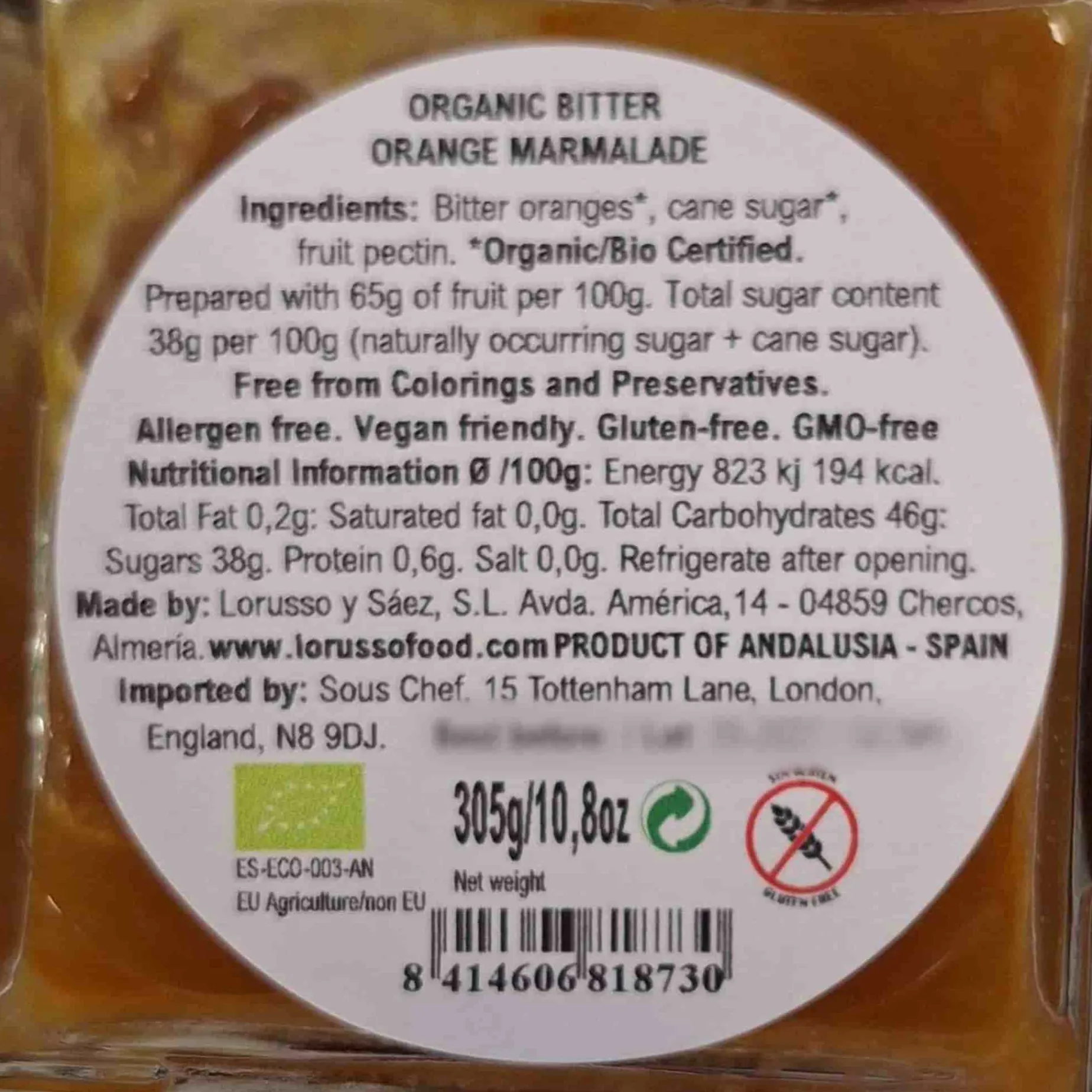 LoRUSSo Organic Artisanal Bitter Orange Jam, 305g