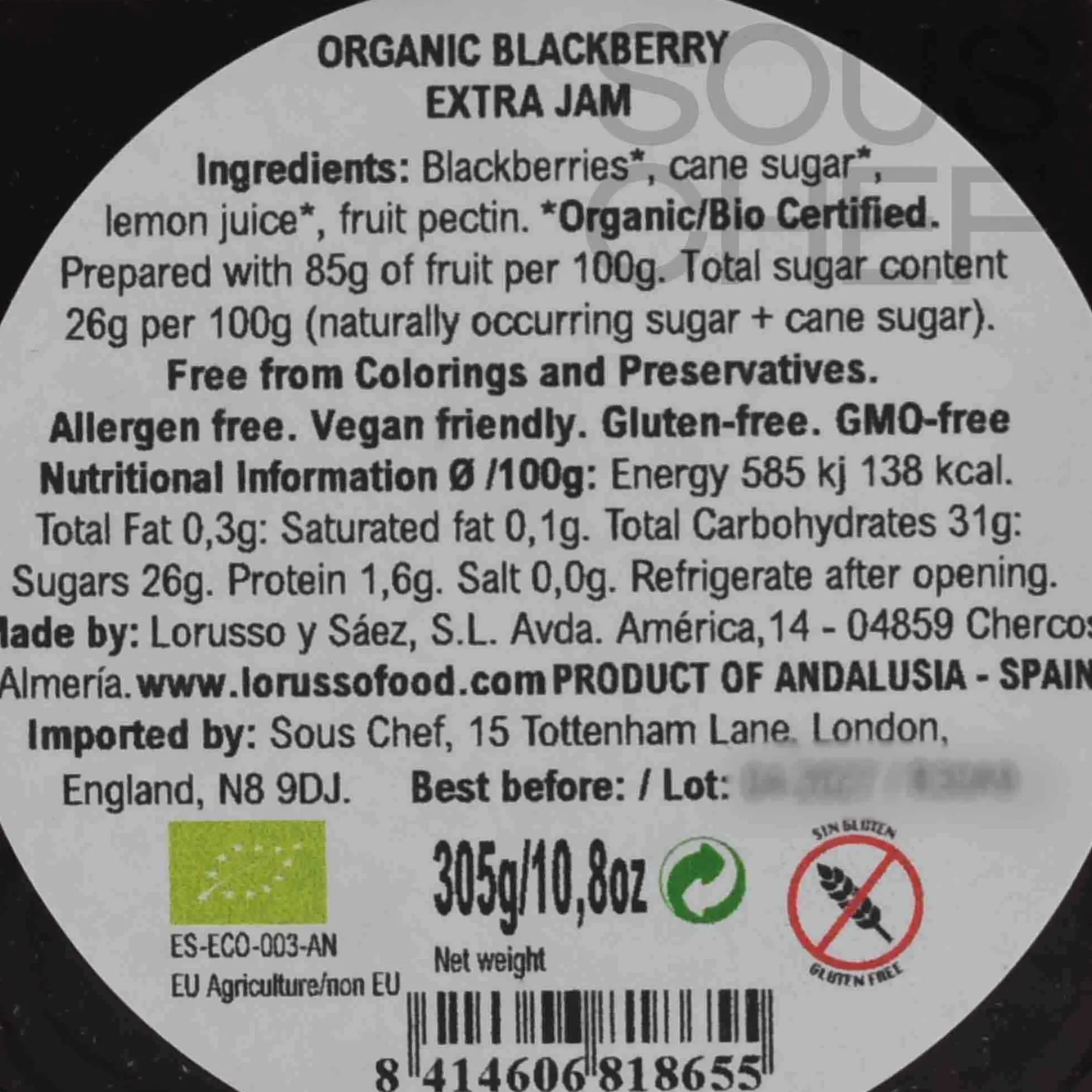 LoRUSSo Organic Artisanal Blackberry Jam, 305g