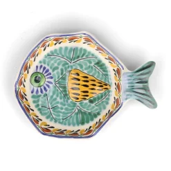 Mexican Hand Painted Green & Blue Fish Dish, 25.5cm