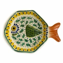 Mexican Hand Painted Green & Yellow Fish Dish, 14x19cm