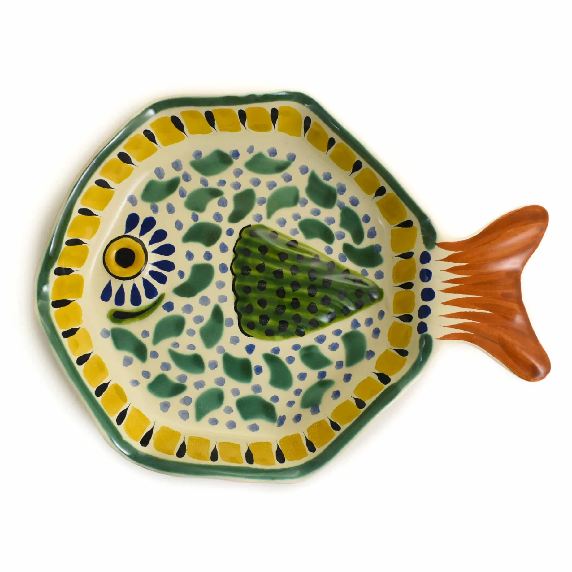 Mexican Hand Painted Green & Yellow Fish Dish, 14x19cm