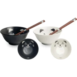 Set of 2 Lucky Cat Japanese Rice Bowls with Chopsticks