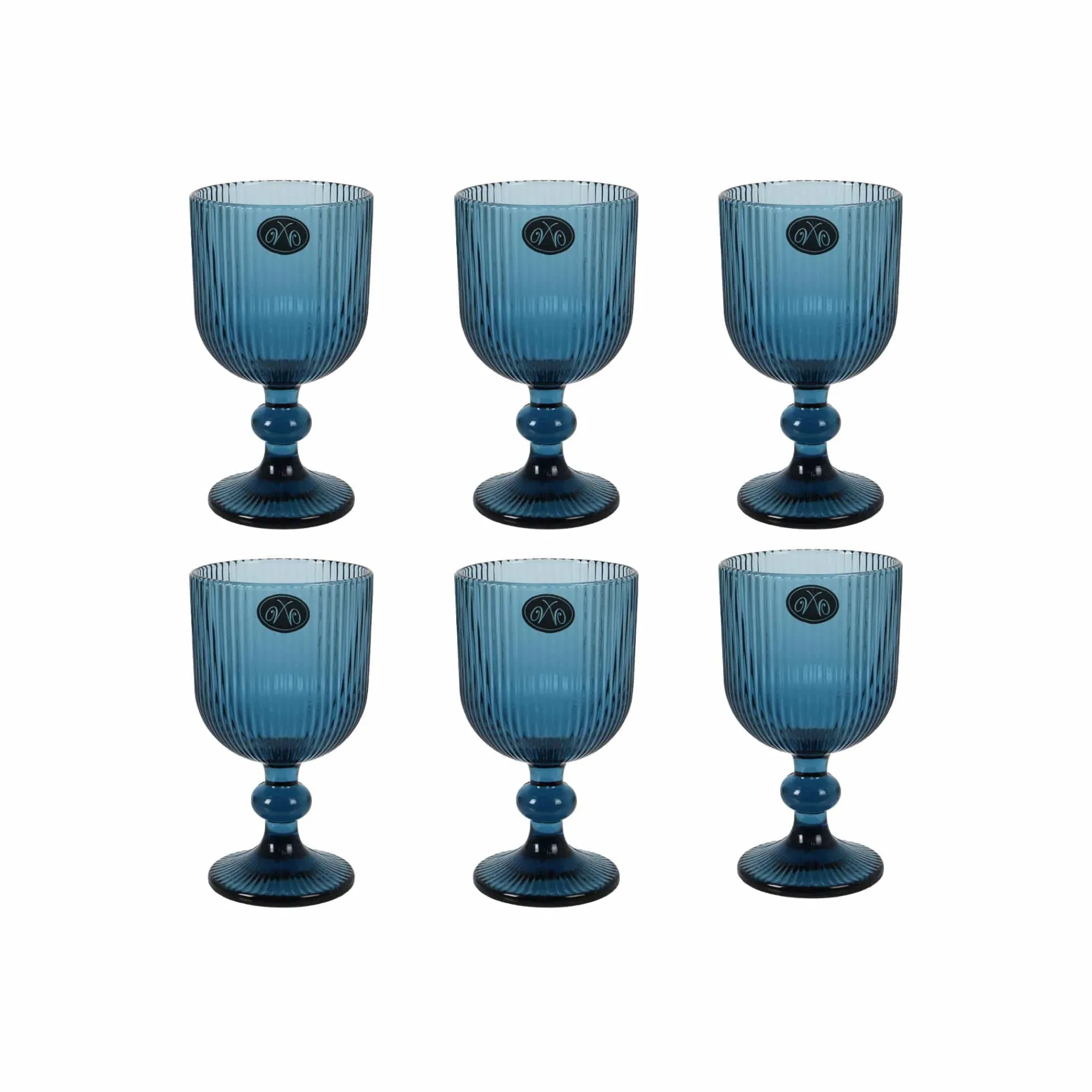 Set of 6 Ribbed Blue Wine Glasses, 255ml