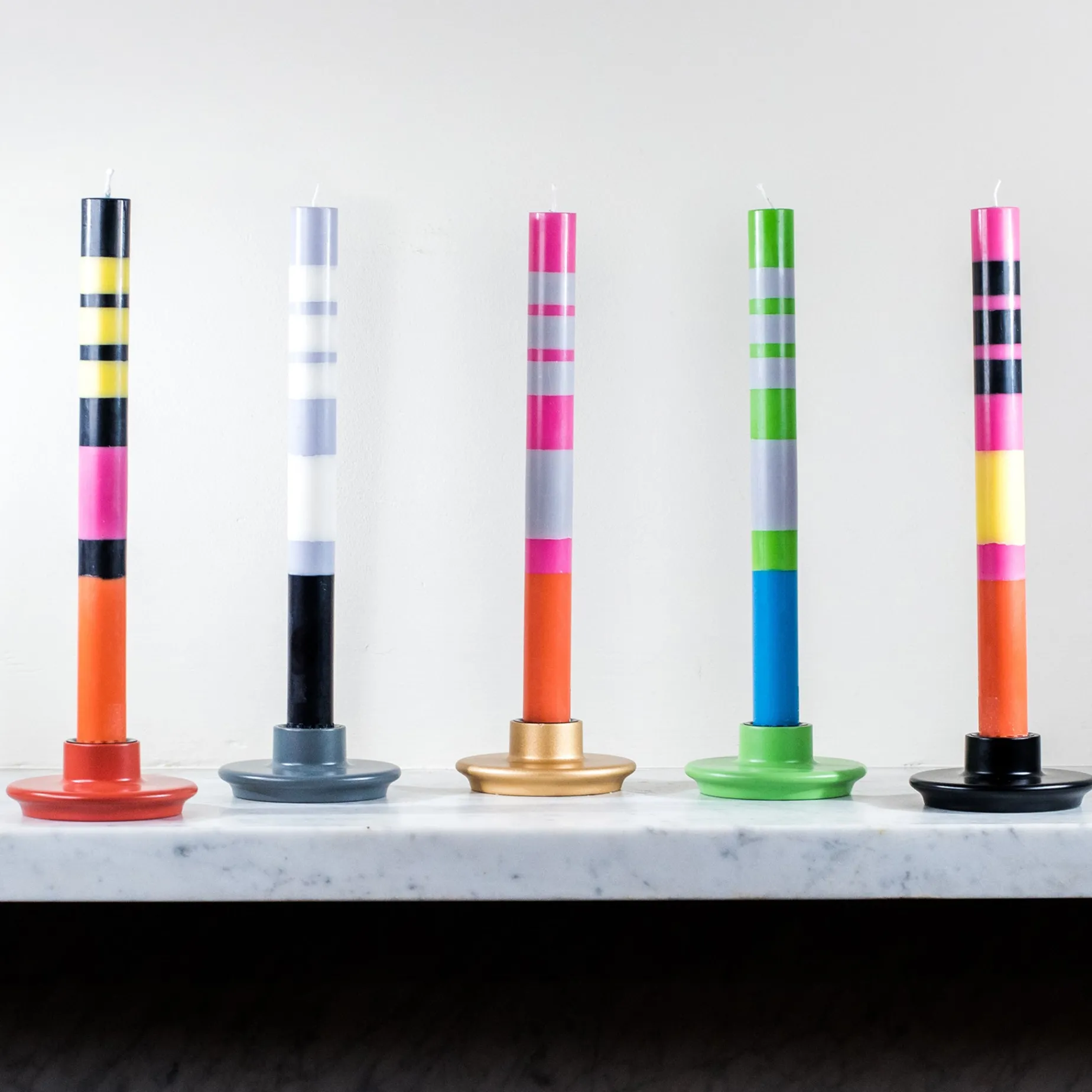 Set of 6 Striped Dinner Candles - Multicolour