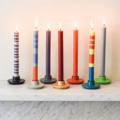 Set of 6 Striped Dinner Candles - Multicolour