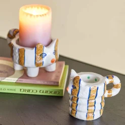Set of 2 Yellow Striped Cat Candle Holders