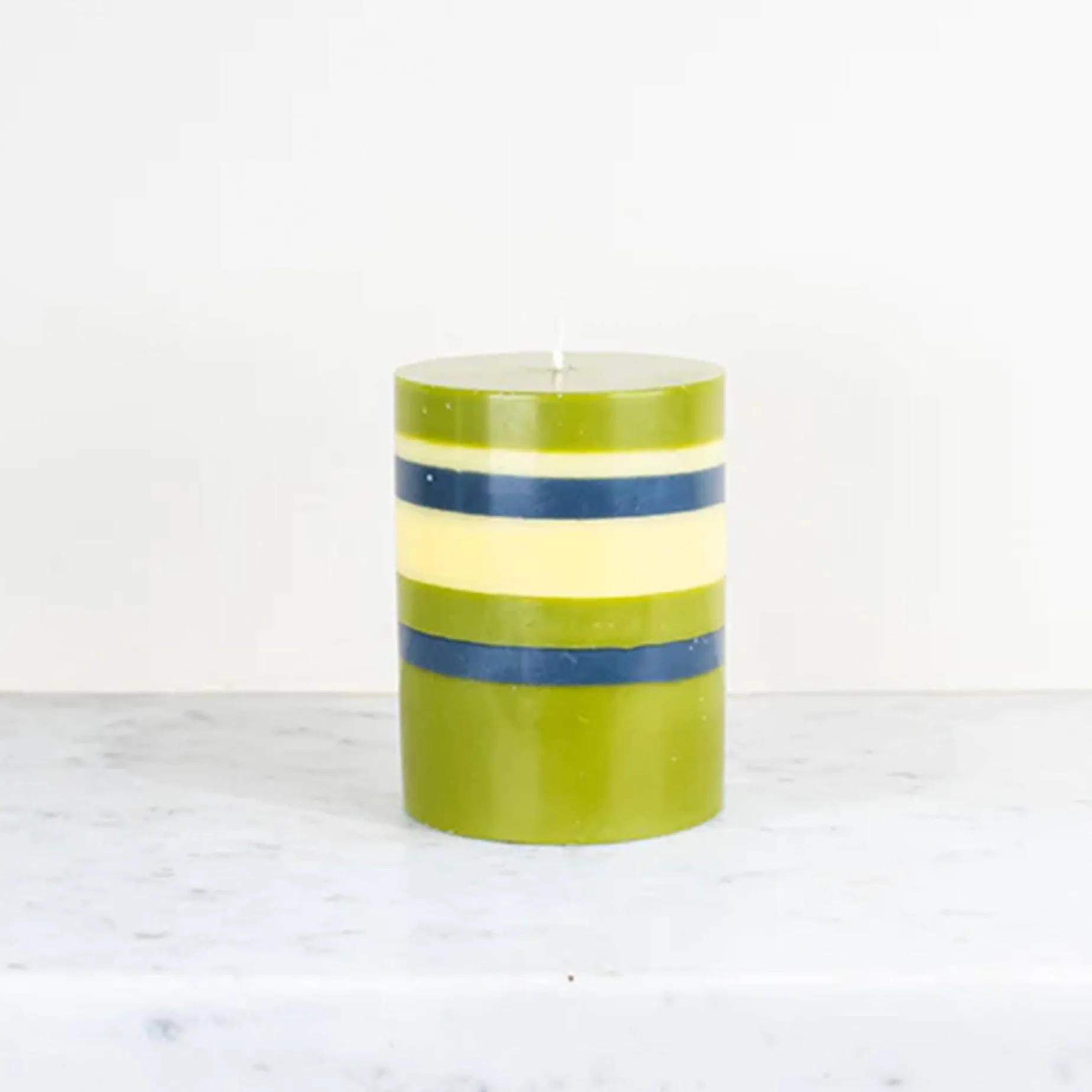 Striped Pillar Candle, Olive & Navy, 10cm