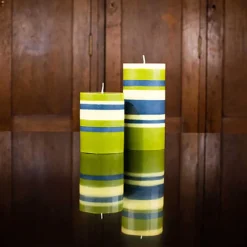 Striped Pillar Candle, Olive & Navy, 10cm