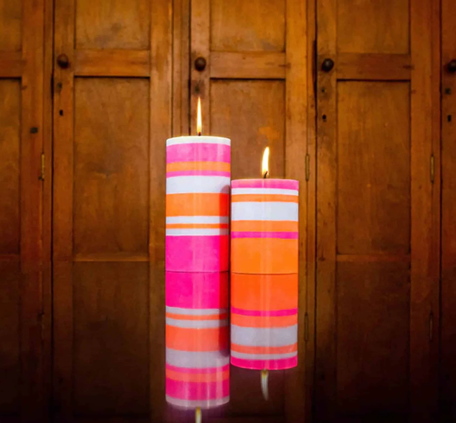 Striped Pillar Candle, Orange & Pink, 10cm