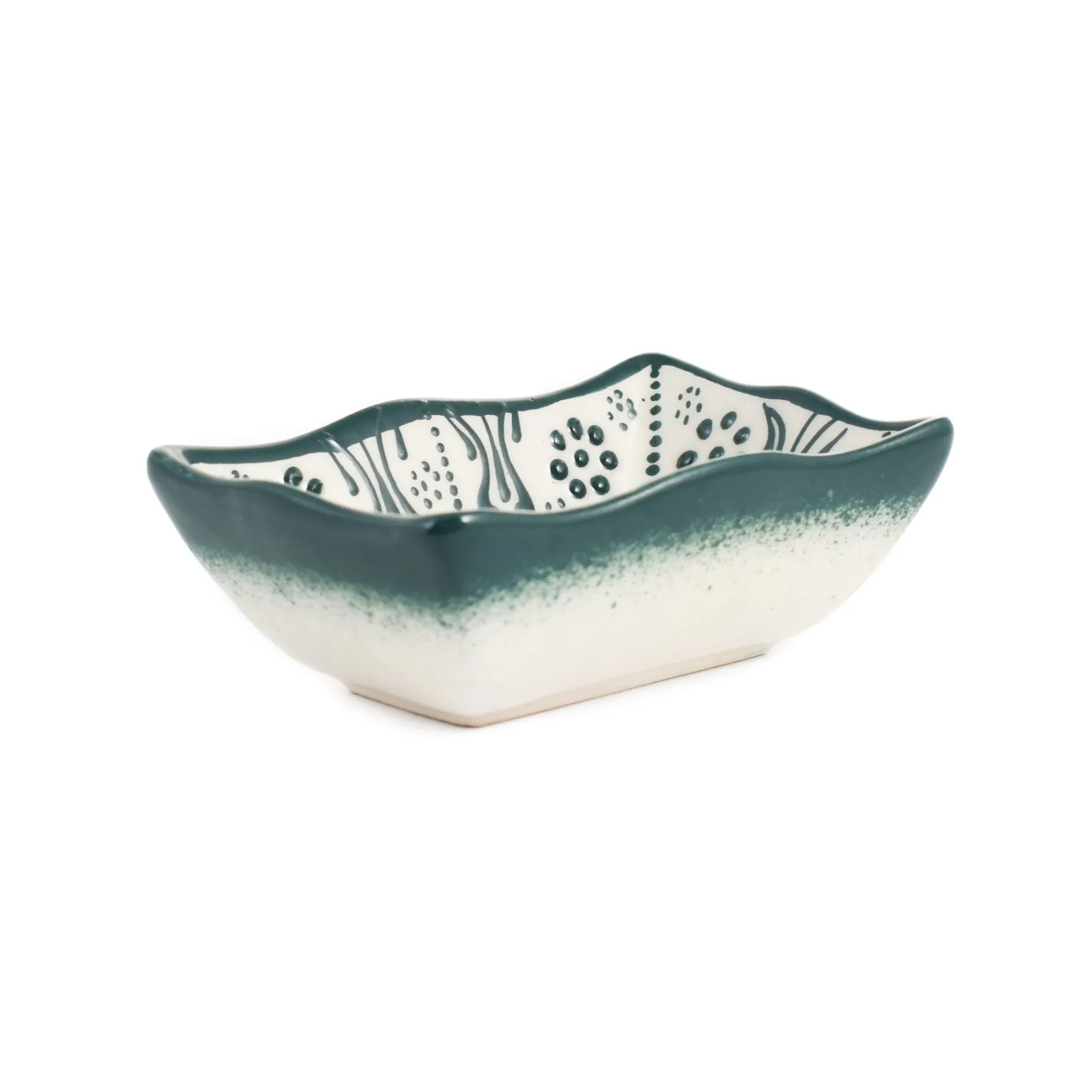 Yesil Ve Beyaz Boyali Wavy Edge Sauce Dish, 11.5cm